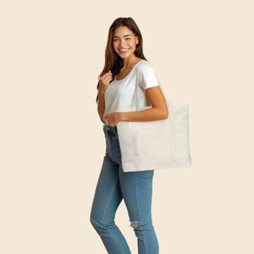 DALIX 22" Large Cotton Canvas Zippered Shopping Tote Grocery Bag in Natural