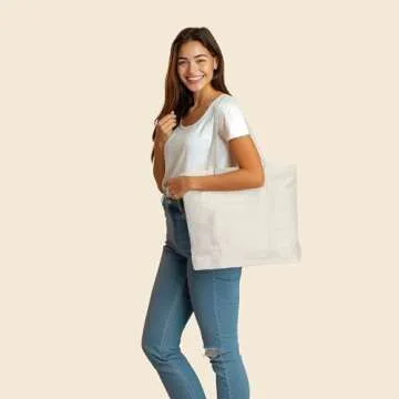 DALIX 22" Large Cotton Canvas Zippered Shopping Tote Grocery Bag in Natural
