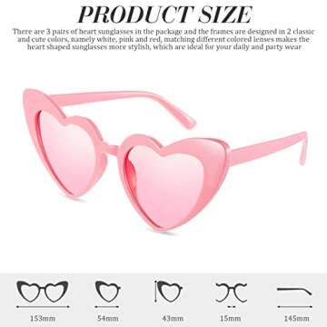 3 Pairs Heart Sunglasses for Women - Stylish & Fun Accessories in White, Pink, Red