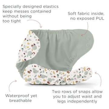 Esembly Cloth Diaper Bundle Set, 3 Organic Absorbent Inners and 1 Waterproof Recycled Diaper Cover, Reusable Washable Diapers with Snap Closure, Size 1 (7-17lbs), Terrazzo