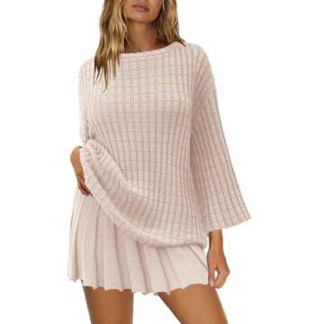 Yanekop Womens 2 Piece Sweater Skirt Set Loose Matching Lounge Sets Comfy Pajamas Set Long Sleeve To...