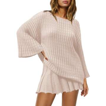 Yanekop Womens 2 Piece Sweater Skirt Set Loose Matching Lounge Sets Comfy Pajamas Set Long Sleeve Top and Skirt Sets(Beige,L)