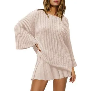 Yanekop Womens 2 Piece Sweater Skirt Set Loose Matching Lounge Sets Comfy Pajamas Set Long Sleeve Top and Skirt Sets(Beige,L)