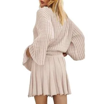 Yanekop Womens 2 Piece Sweater Skirt Set Loose Matching Lounge Sets Comfy Pajamas Set Long Sleeve Top and Skirt Sets(Beige,L)