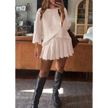 Yanekop Womens 2 Piece Sweater Skirt Set Loose Matching Lounge Sets Comfy Pajamas Set Long Sleeve Top and Skirt Sets(Beige,L)