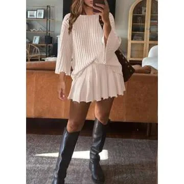 Yanekop Womens 2 Piece Sweater Skirt Set Loose Matching Lounge Sets Comfy Pajamas Set Long Sleeve Top and Skirt Sets(Beige,L)