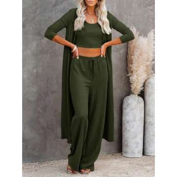 Fessceruna Womens 3 Piece Lounge Sets Pajamas Knit Long Sleeve Cardigan Crop Top Wide Leg Pants Loun...