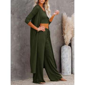 Fessceruna Womens 3 Piece Lounge Sets Pajamas Knit Long Sleeve Cardigan Crop Top Wide Leg Pants Loungewear Set