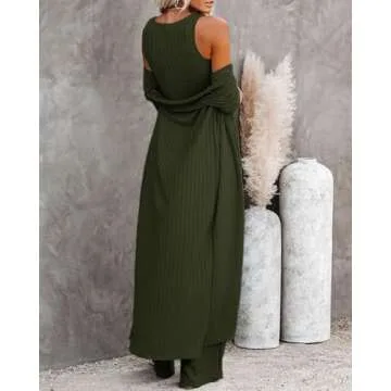 Fessceruna Womens 3 Piece Lounge Sets Pajamas Knit Long Sleeve Cardigan Crop Top Wide Leg Pants Loungewear Set