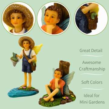 PRETMANNS Fishing Boy Fairy Figurines for Miniature Garden