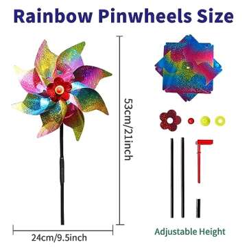 10 Pieces 21 Inches Rainbow Reflective Pinwheels with Stakes Windmill Wind Spinners Outdoor for Yard...