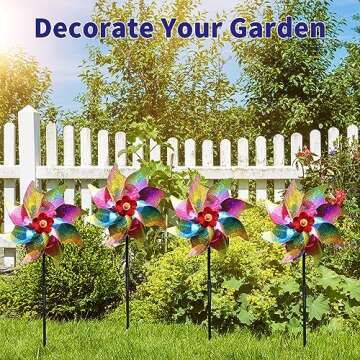 10 Pieces 21 Inches Rainbow Reflective Pinwheels with Stakes Windmill Wind Spinners Outdoor for Yard Garden Lawn Farm Decor Bird Repellent, Large Plastic Foil Pin Wheels for Birds Animal Deterrent