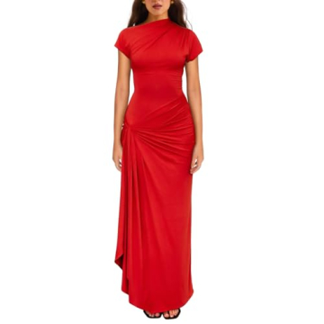 YMDUCH Women's Casual Short Sleeve Boat Neck Ruched High Split Bodycon Long Formal Dress Red