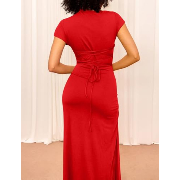YMDUCH Women's High Split Bodycon Maxi Dress in Red