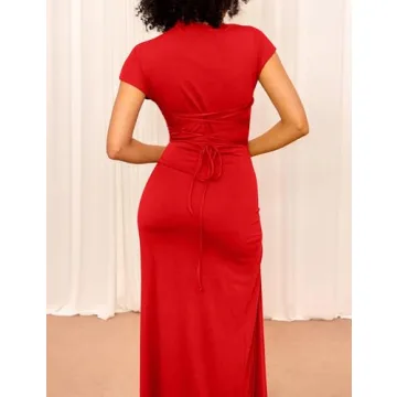 YMDUCH Women's High Split Bodycon Maxi Dress in Red