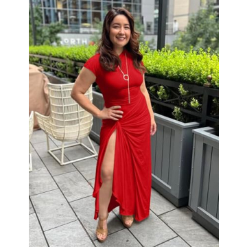 YMDUCH Women's High Split Bodycon Maxi Dress in Red