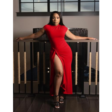 YMDUCH Women's High Split Bodycon Maxi Dress in Red