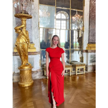 YMDUCH Women's High Split Bodycon Maxi Dress in Red