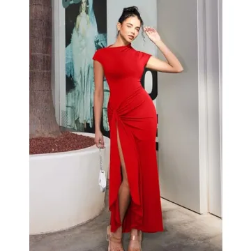 YMDUCH Women's High Split Bodycon Maxi Dress in Red