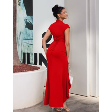 YMDUCH Women's High Split Bodycon Maxi Dress in Red