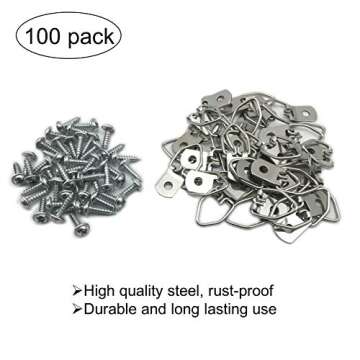 EesTeck 100 Pack Small D-Ring Steel Picture Hangers with Screws for Artwork and Frames
