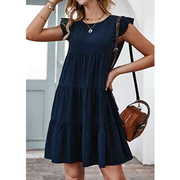 KIRUNDO Casual Dresses for Women 2025 Trendy Summer Sleeveless Ruffle Sleeve Round Neck Loose Short Flowy Pleated Mini Dress (Navy, Large)