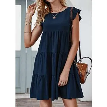 KIRUNDO Casual Dresses for Women 2025 Trendy Summer Sleeveless Ruffle Sleeve Round Neck Loose Short Flowy Pleated Mini Dress (Navy, Large)