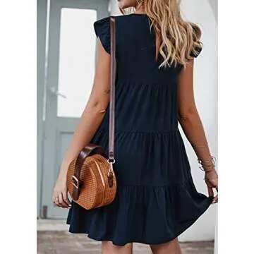 KIRUNDO Casual Dresses for Women 2025 Trendy Summer Sleeveless Ruffle Sleeve Round Neck Loose Short Flowy Pleated Mini Dress (Navy, Large)