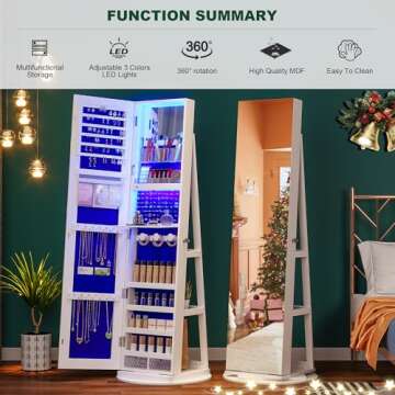 HNEBC 360° Swivel Jewelry Cabinet with Lights, Full Length Mirror and Storage