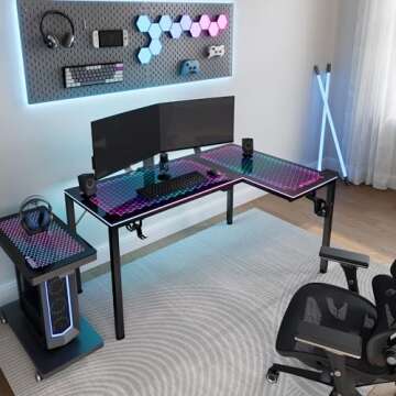 EUREKA ERGONOMIC RGB LED Lights 60 Inch L Shaped Reversible Black Glass Gaming Desk Home Office Comp...