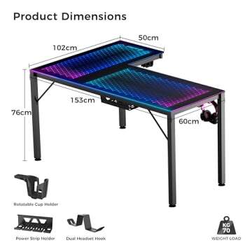 EUREKA ERGONOMIC RGB LED Lights 60 Inch L Shaped Reversible Black Glass Gaming Desk Home Office Computer Table GTG L60