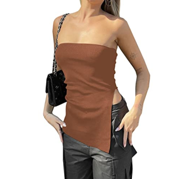 Lauweion Women's Y2K Strapless Knit Tube Top with Asymmetrical Slits