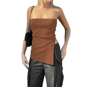 Lauweion Women's Y2K Strapless Knit Tube Top Asymmetrical Slits