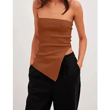 Lauweion Women's Y2K Strapless Knit Tube Top Asymmetrical Slits