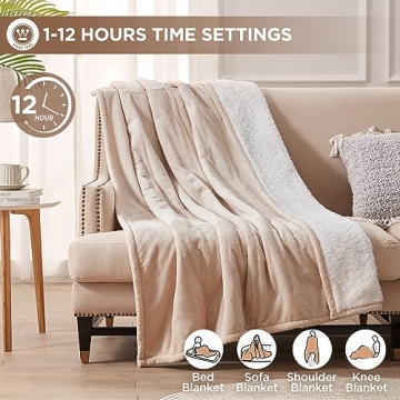 Westinghouse Heated Blanket Twin Size, Soft Flannel to Sherpa Electric Blanket with 10 Heating Levels, 1-12 Hours Auto Shut Off, Fast Heating, Machine Washable, 62x84 Inch, Beige