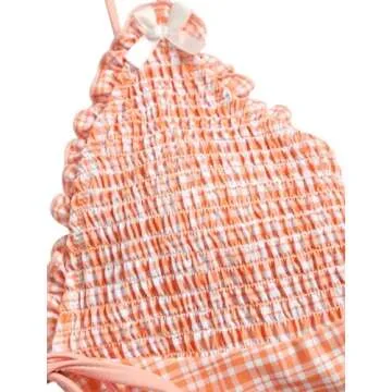 ZAFUL Tankini Swimsuits for Women Smocked Ruffles Tie Front Bowknot Textured High Cut Tanga Tankini Set(3-Orange, M)