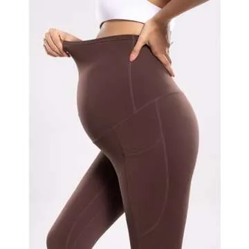 POSHDIVAH Women's Maternity Workout Leggings with Pockets Over The Belly Pregnancy Soft Active Wear Yoga Pants Taupe Small