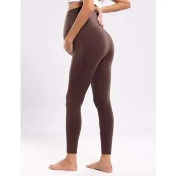 POSHDIVAH Women's Maternity Workout Leggings with Pockets Over The Belly Pregnancy Soft Active Wear Yoga Pants Taupe Small