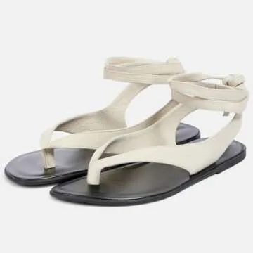 FOWT Women Split Round Toe Sandals Lace up Strappy Comfortable Flats Casual Summer Soft Flip Flop Shoes Beige Size 7.5 US