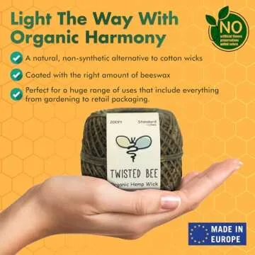 100% Organic Hemp Wick with Natural Beeswax Coating, Twisted Bee (200ft x Standard Size)