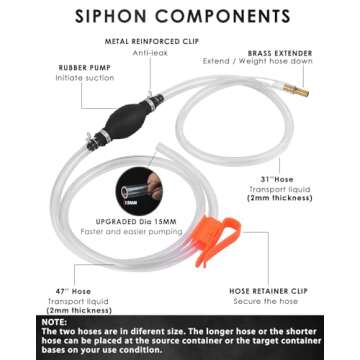 KATUMO Siphon Pump, Upgraded 15MM Enlarged Caliber Gasoline Siphon Hose Siphon Fuel Hand Pump for Gasoline, Oil, Diesel & Water with Hoses, Pinch Clips, Hose Retainer, Brass Extender