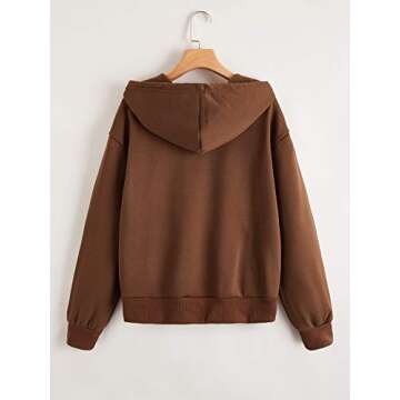 WDIRARA Women's Zip Front Drawstring Hoodie Pullover Long Sleeve Casual Sweatshirt Top Brown M