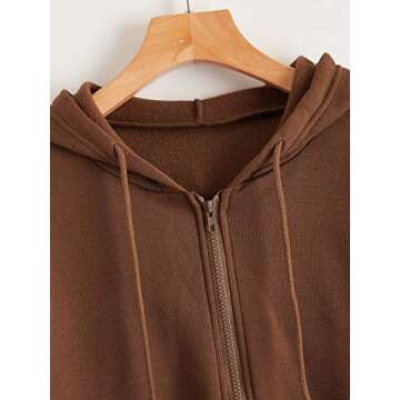 WDIRARA Women's Zip Front Drawstring Hoodie Pullover Long Sleeve Casual Sweatshirt Top Brown M