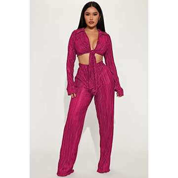 Qusuny 2 Piece Outfits for Women Sexy Long Sleeve Sweatsuits Pleated V Neck Wrap Tie Front Crop Top Tracksuits Jumpsuit Purple M