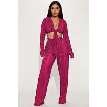 Qusuny 2 Piece Outfits for Women Sexy Long Sleeve Sweatsuits Pleated V Neck Wrap Tie Front Crop Top Tracksuits Jumpsuit Purple M