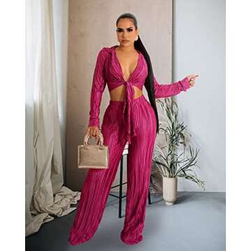 Qusuny 2 Piece Outfits for Women Sexy Long Sleeve Sweatsuits Pleated V Neck Wrap Tie Front Crop Top Tracksuits Jumpsuit Purple M