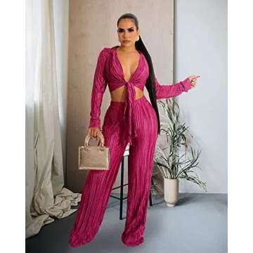 Qusuny 2 Piece Outfits for Women Sexy Long Sleeve Sweatsuits Pleated V Neck Wrap Tie Front Crop Top Tracksuits Jumpsuit Purple M