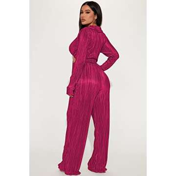 Qusuny 2 Piece Outfits for Women Sexy Long Sleeve Sweatsuits Pleated V Neck Wrap Tie Front Crop Top Tracksuits Jumpsuit Purple M