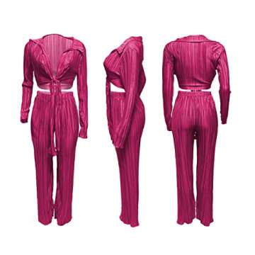 Qusuny 2 Piece Outfits for Women Sexy Long Sleeve Sweatsuits Pleated V Neck Wrap Tie Front Crop Top Tracksuits Jumpsuit Purple M