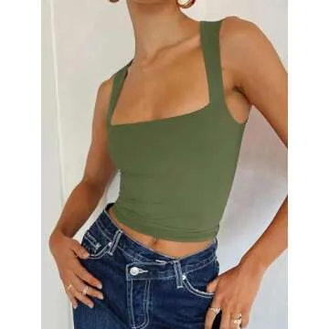 REORIA Women's Sexy Going Out Crop Tops Square Neck Double Lined 2024 Fashion Cute Basic Trendy Tank Tops Summer Y2k Teen Girls St Patricks Day Outfits Green Medium